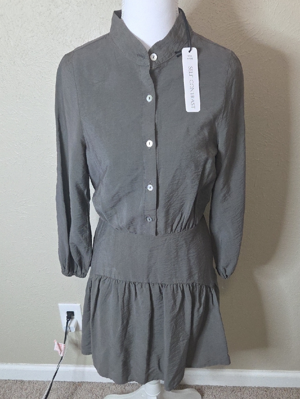 NWT Self Contrast Olive Long Sleeve Tiered Button Dress, $145.00